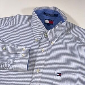 Tommy Hilfiger Mens Blue White Striped Oxford Button Down Shirt Large P212